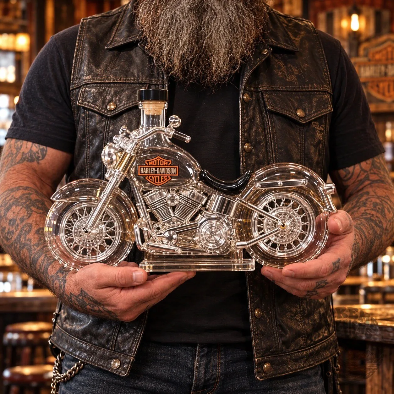 Harley Davidson Motorcycle Shaped Glass Whiskey Decanter Bottle